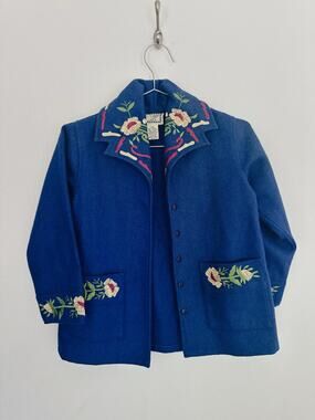 Vintage Girls Cornelloki Wool Blend Embroidered Jacket Size 7/8 Blue Floral Coat